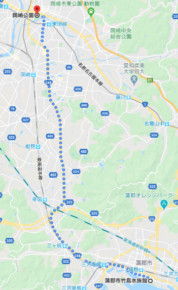 竹島水族館から岡崎公園までのルート