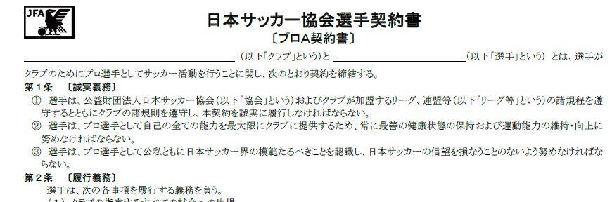 日本サッカー協会選手契約書