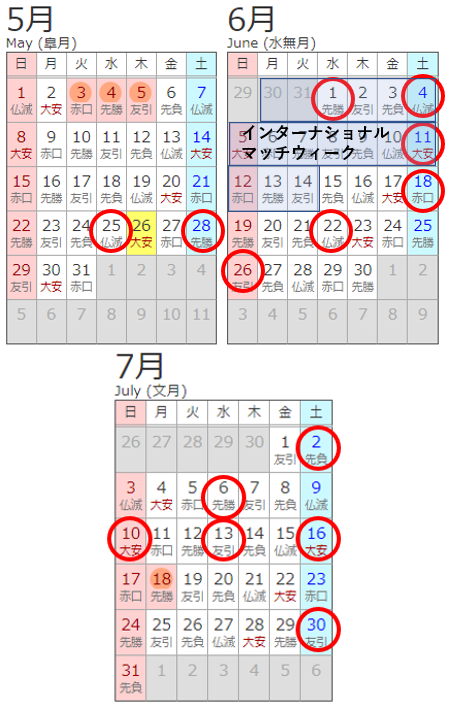 名古屋グランパスのJ1リーグ、天皇杯、ルヴァンカップの試合日程（○がついているところが既に予定があるもの）